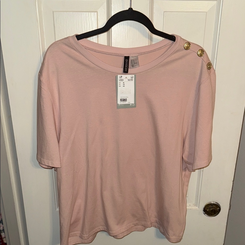H&M Light Pink Short Sleeve Top with Gold Buttons